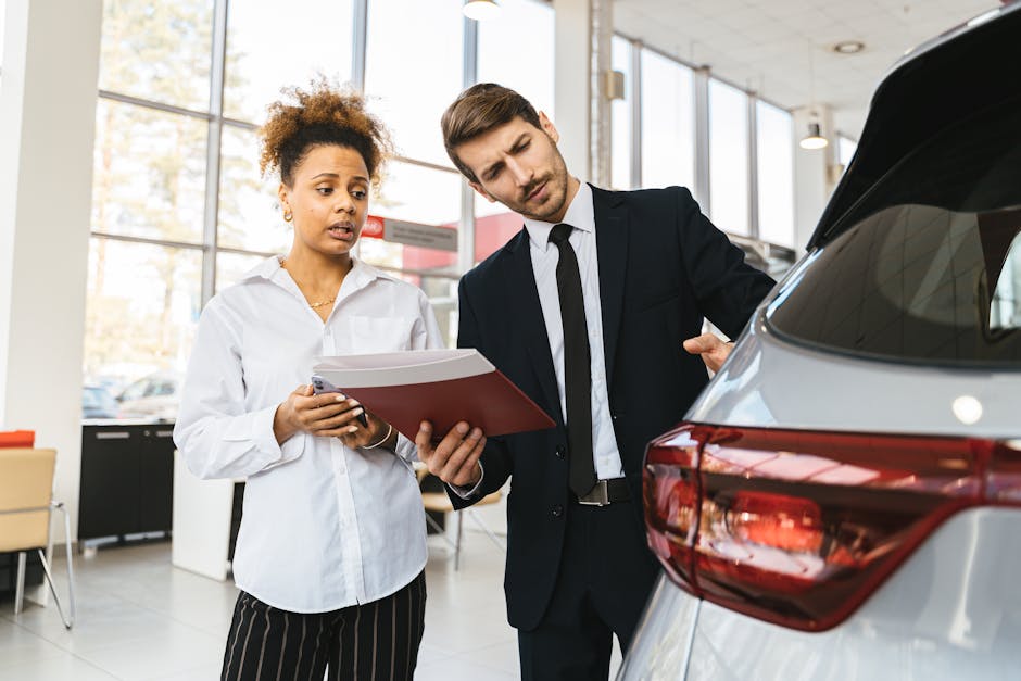 A professional consultation at a car dealership involving a sales agent and a customer discussing a vehicle purchase